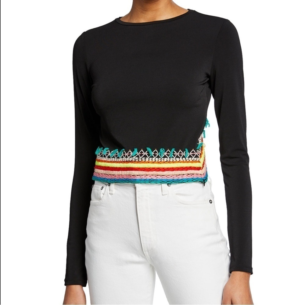 Alice & Olivia-Black Longsleeve Delania Crop Top w/ Neon Multicolor Embroidery